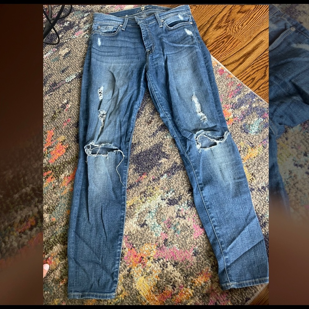 7 for all  Mankind ankle skinny jeans with distressed holes